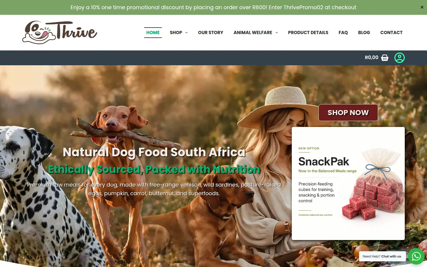 Thrive Raw Food For Dogs home page, thriverawfoodfordogs.co.za